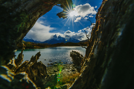 View of Torres Mountains in the Torres del Peine National Park during sunrise. Autumn in Patagonia, the Chilean sideの写真素材
