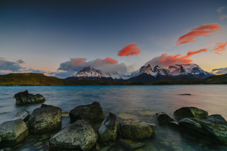 View of Torres Mountains in the Torres del Peine National Park during sunrise. Autumn in Patagonia, the Chilean sideの写真素材