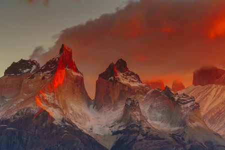 View of Torres Mountains in the Torres del Peine National Park during sunrise. Autumn in Patagonia, the Chilean sideの写真素材