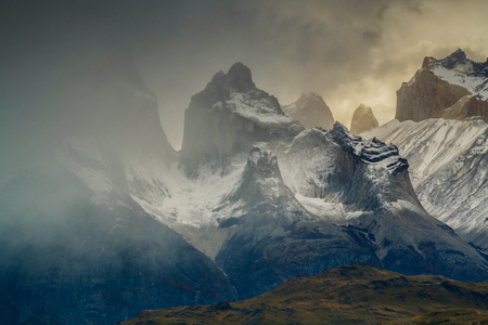 View of Torres mountains in the Torres del Peine national park during sunset. Covering the patagonism, the Chilean sideの写真素材