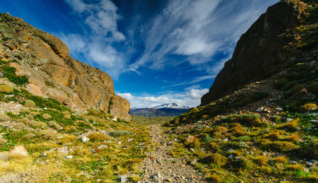 View of the valley in the Torres del Paine National Park on a cloudy day. Autumn in Patagonia, the Chilean sideの写真素材