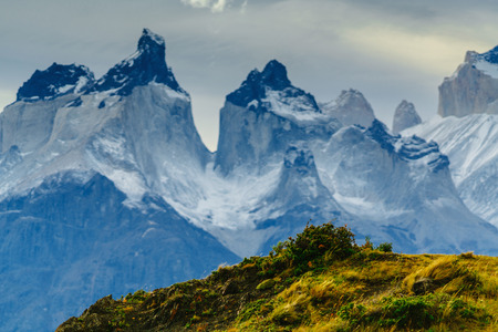 View of Torres Mountains in the Torres del Peine National Park during sunrise. Autumn in Patagonia, the Chilean sideの写真素材