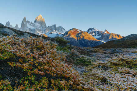 View of Mount Fitz Roy and the bush in the National Park Los Glaciares during sunrise. Autumn in Patagonia, the Argentine sideの写真素材