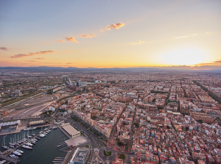 View from the air to the seaport of Valencia during sunset. Spainの写真素材