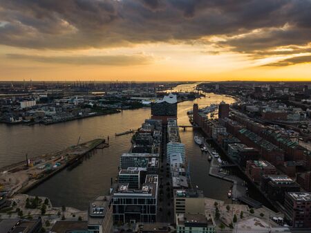 Aerial view of the Elbe River and the Opera House in Hamburg during sunset. Geramania in the summer.の写真素材