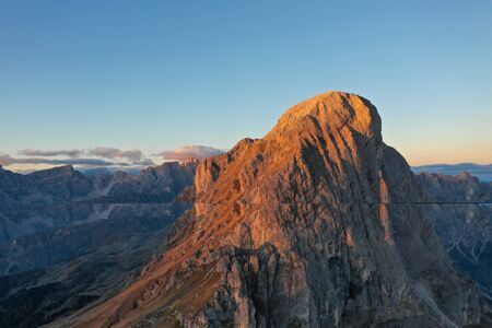 Aerial view of the valley and Mount Peitlerkofel during dawn. Dolomites in South Tyrol.