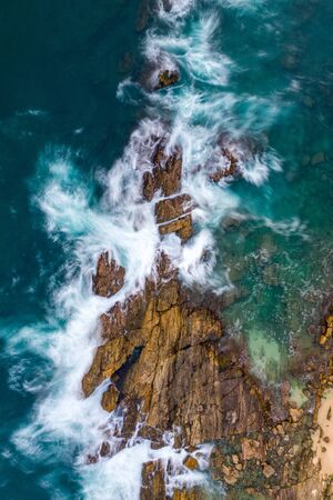 Aerial view of palm trees and Indian Oken coastline during sunset. Island Sri Lanka.