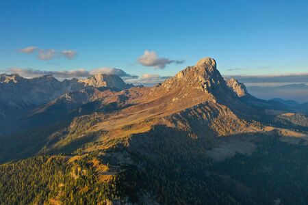 Aerial view of the valley and Mount Peitlerkofel during dawn. Dolomites in South Tyrolの写真素材