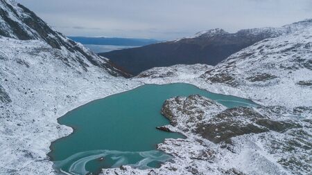 Aerial view of the lake at Glaciar Vinciguerra . Ushuaia Argentinaの写真素材