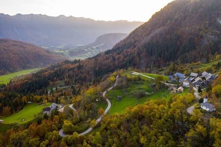 Aerial view of the road among colorful trees. Slovenia in the autumn.の写真素材