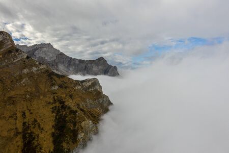 Aerial view of Mount Pilatus during sunrise and fog. Autumn Switzerlandの写真素材