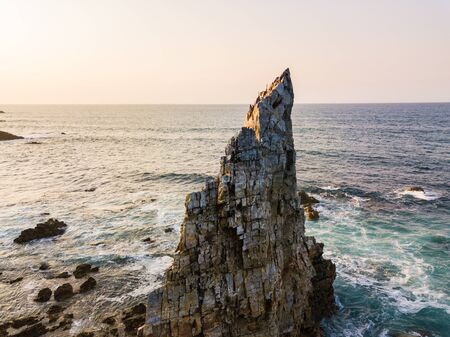 Aerial view of the coastline, cliffs at Portezuelo beach. Bay of Biscay in northern Spain in summerの写真素材