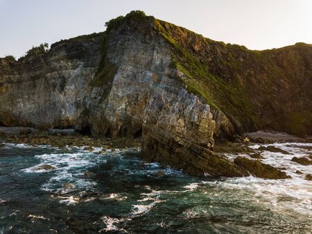 Aerial view of the coastline, cliffs at Portezuelo beach. Bay of Biscay in northern Spain in summerの写真素材