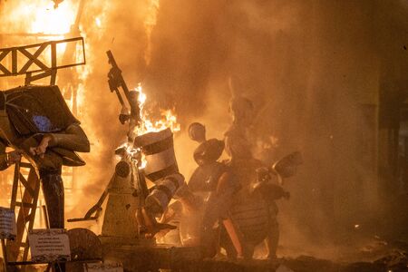 Cream Night. End of the feast of Fallas, when all papermache models on the street are burned. Intangible World Heritage Site by Unesco. Valencia, Spain, March 19, 2019.のeditorial素材