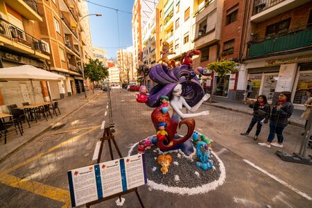 Las Fallas,papermache models are constructed then burnt in the traditional celebration in praise of St Joseph on March 15,2019. Barrio Benimaclet, Valencia, Spain.のeditorial素材