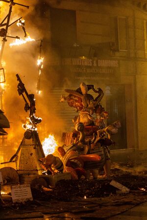 Cream Night. End of the feast of Fallas, when all papermache models on the street are burned. Intangible World Heritage Site by Unesco. Valencia, Spain, March 19, 2019.のeditorial素材