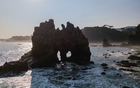 Aerial view of the coastline, cliffs at Portezuelo beach. Bay of Biscay in northern Spain in summerの写真素材
