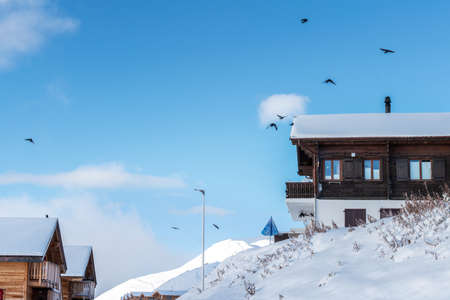 View of the Swiss alps village Bettmeralp in Canton Vaud. It is one of the famous winter sport resort near the Unesco heritage Aletch Glacier.のeditorial素材
