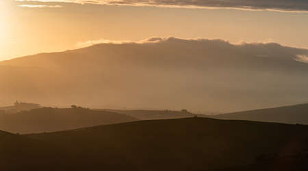 Picturesque autumn morning landscape at sunrise, Tuscany, Italy, Europeの写真素材