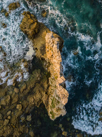 Aerial view of the coastline, cliffs at Portezuelo beach. Bay of Biscay in northern Spain in summer