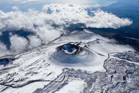 Aerial view of the snowy hills of Mount Etna. Sicily Island Italyの写真素材