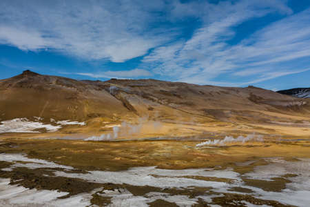 Aerial view of geothermal springs in the location of Hverir. Iceland in early springの写真素材