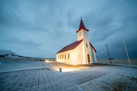 Icelandic Church - Remote icelandic church in snow. Vik, Iceland.の写真素材