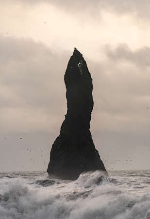 Basalt rock formations Troll toes on black beach. at storm Reynisdrangar, Vik, Icelandの写真素材