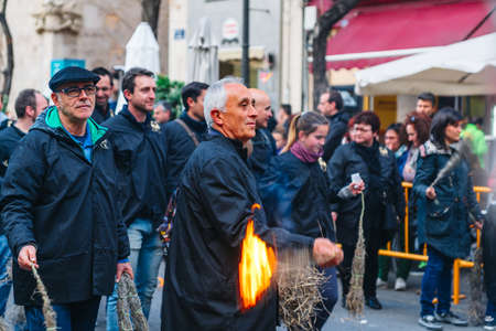 Festive procession in the center of the city during the Fallas festivities in Valencia in 2018のeditorial素材