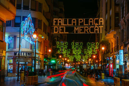 View of the evening streets with illumination timed to the Fallas festival in Valencia, Spain 2018のeditorial素材