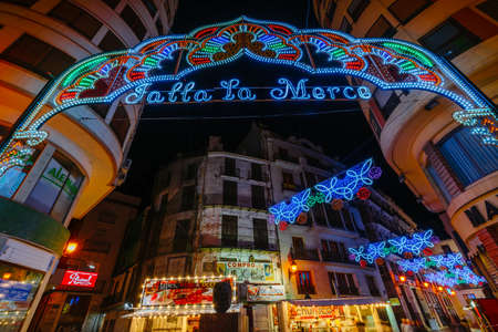 View of the evening streets with illumination timed to the Fallas festival in Valencia, Spain 2018のeditorial素材