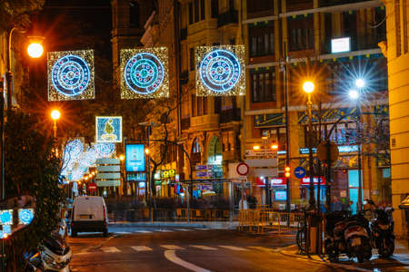View of the evening streets with illumination timed to the Fallas festival in Valencia, Spain 2018のeditorial素材