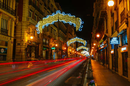 View of the evening streets with illumination timed to the Fallas festival in Valencia, Spain 2018のeditorial素材