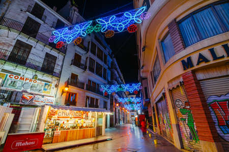 View of the evening streets with illumination timed to the Fallas festival in Valencia, Spain 2018のeditorial素材