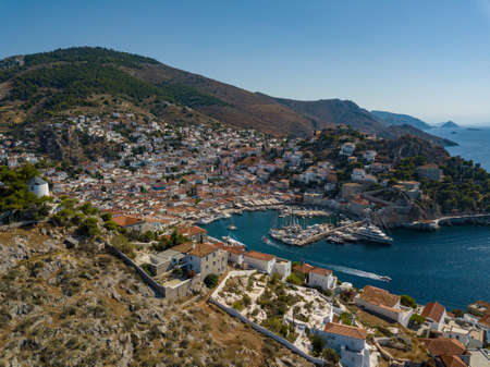 Aerial view of Hydra island and marina. Greece in the summerの写真素材