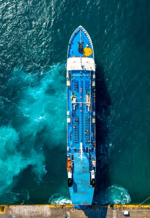 Aerial view of a steam during a mooring on the island of Egina. Greece in the summerの写真素材