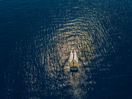 Aerial view of a sailing yacht near the Greek islandsの写真素材