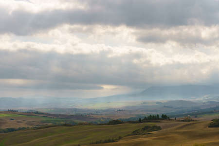 Natural sunny landscape. Wavy fields in the morning, Tuscany, Italy, Europe.の写真素材