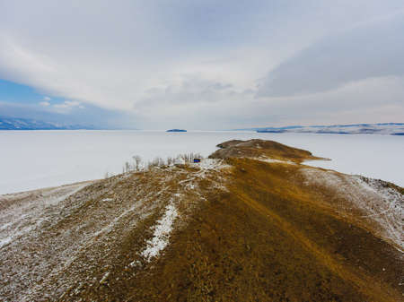 View from sky on frozen ice fields of Lake Baikal, Russia Siberia