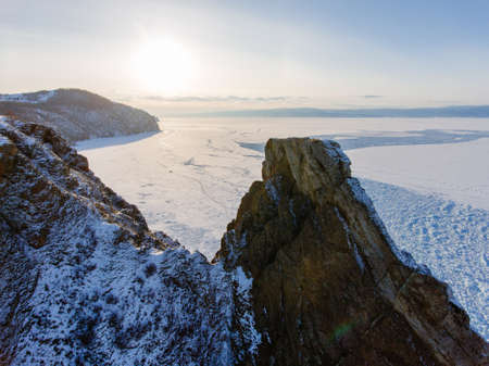 View from sky on frozen ice fields of Lake Baikal, Russia Siberiaの写真素材