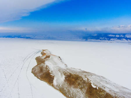 View from sky on frozen ice fields of Lake Baikal, Russia Siberiaの写真素材