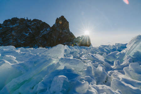 A view of Cape Khoboy and the lake Baikal in clear weather during sunsetの写真素材