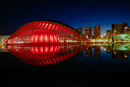 Reflections in water after sunset in city of art and science. Valencia, Spain