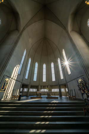 REYKJAVIK, ICELAND - April 02, 2019 Tall Columns Windows Wooden Organ Ceiling Hallgrimskirkja Large Lutheran Church Reykjavik Iceland. Largest church and tallest structure in Iceland.のeditorial素材