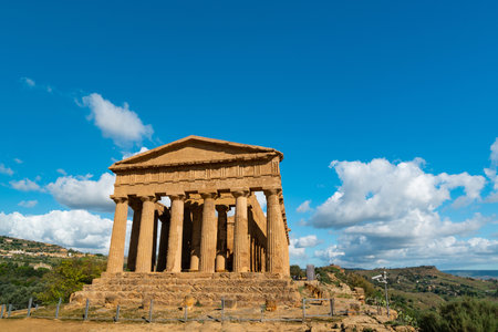 Ancient Greek Temple Ruins in Sicily, Italy Under Blue Skyの写真素材
