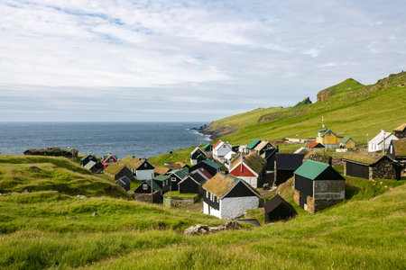 Charming Summer View of Faroe Islands with Puffin and Colorful Housesの写真素材