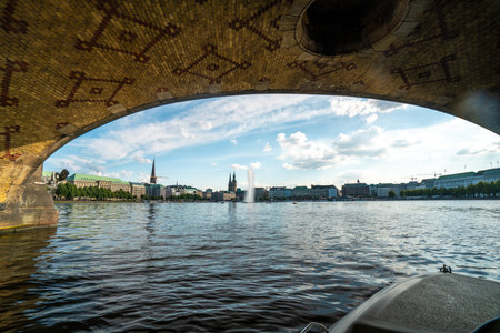 Scenic View of Hamburg from Under a Bridge in Summerの写真素材