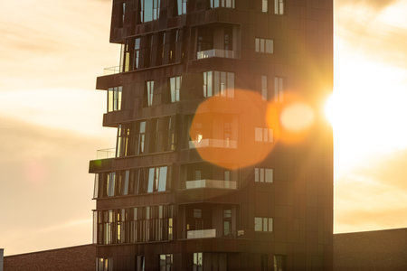 Sunset Reflections on Modern Architecture in Germanyの写真素材
