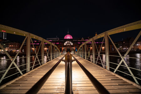 Illuminated Bridge at Night in Hamburg, Germanyの写真素材