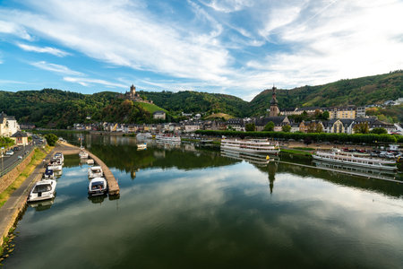Summer View of Cochem Castle and Moselle River in Germanyの写真素材
